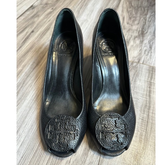 Tory Burch Shoes - Tory Burch Sally Black Pebbled Leather Peep Toe Wedge Heels Logo Size 8.5